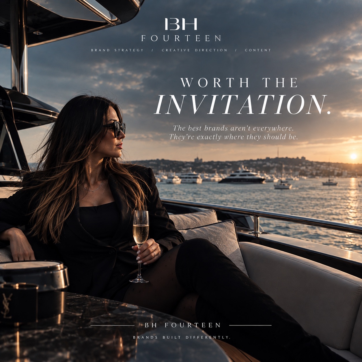 BH Fourteen luxury lifestyle creative on a yacht at sunset